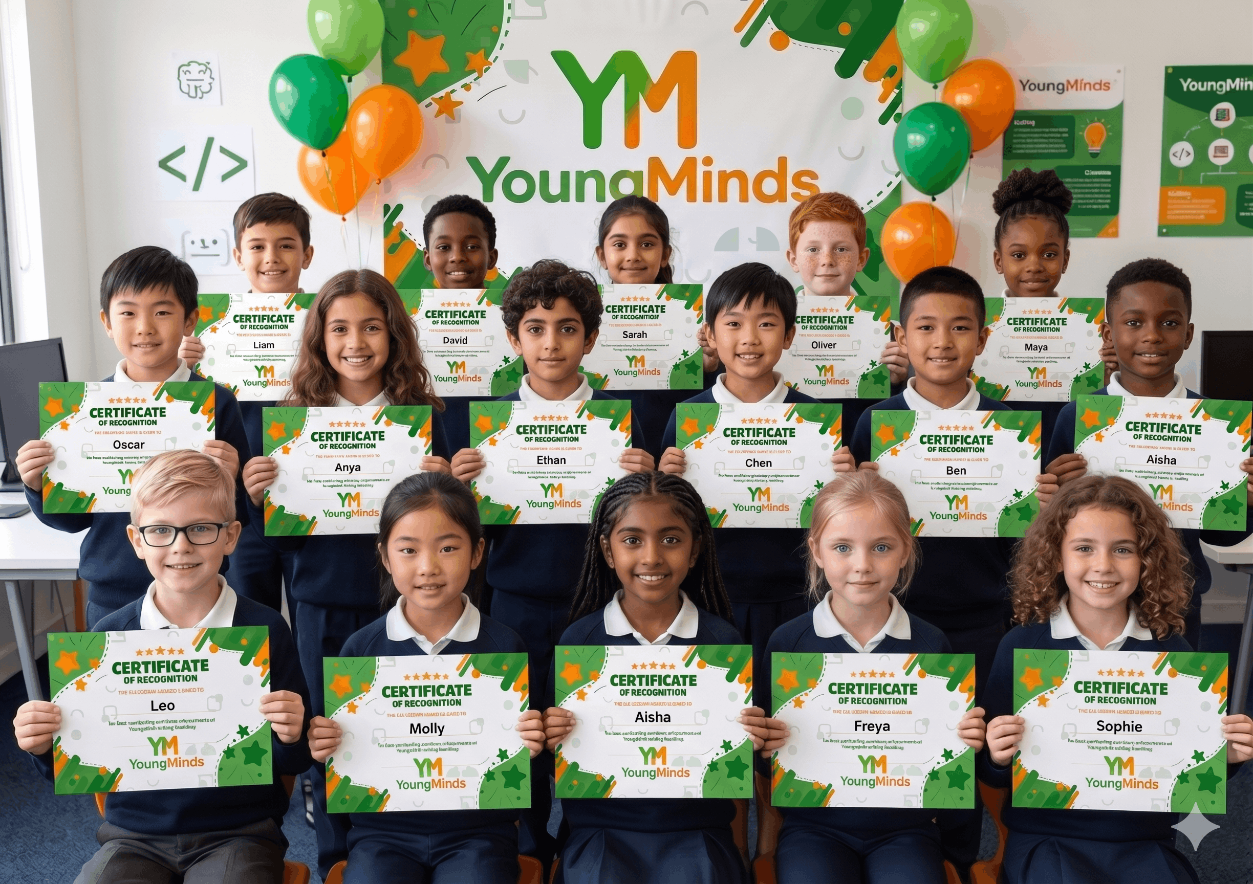 A class of YoungMinds students proudly holding their certificates of recognition